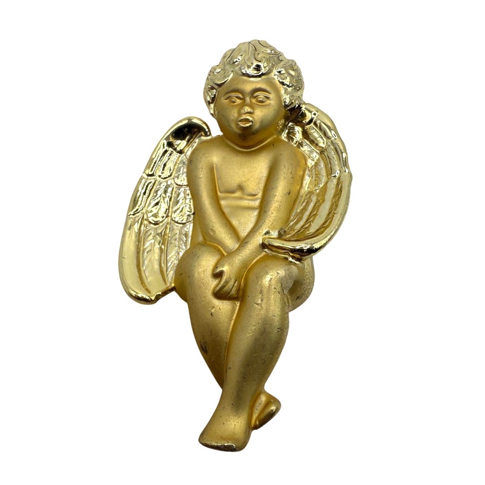 Vintage Gold Tone Cherub Angel Brooch Figural Cupid Pin Classic Romantic
